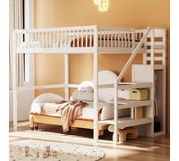 EURHCIO Lit Mezzanine 2 Places avec Haute Barrière de lit,Barre de Penderie,étagères,Lit Mezzanine Enfant 140x200 avec Grand Escalier,pour Enfants Adolescents (Blanc, 140x200)