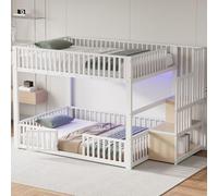 EURHCIO Lit Superposé 2 Places 140x200cm en Métal,Cadre de Lit 2 Personnes avec Éclairage LED Réglable,Échelle de Rangement,Porte,Barrière Surélevé,pour Garçons Filles (Blanc, 140x200)