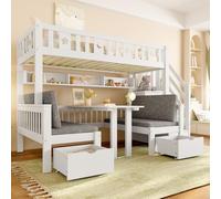 EURHCIO Lit Superposé 2 Places Convertible en Bureau et Chaises,Lit Superposé Enfant 90x200 avec Échelle de Rangement,Barrière de lit Haute Décorée D'étoiles et Lunes,Pin,Blanc