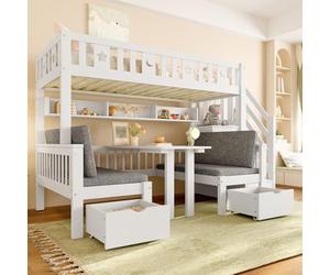 EURHCIO Lit Superposé 2 Places Convertible en Bureau et Chaises,Lit Superposé Enfant 90x200 avec Échelle de Rangement,Barrière de lit Haute Décorée D'étoiles et Lunes,Pin,Blanc