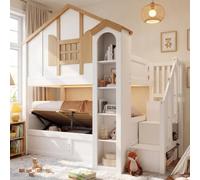 EURHCIO Lit Superposé 90x200,Lit Coffre Cabane à 5 Étagères(Blanc 2,90x200) | Éclairage LED Réglable,Échelle de Rangement,Grand Escalier,Haute Barrière,Sommier à Lattes Solide,pour Garçons Filles