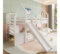 EURHCIO Lit Superposé 90x200cm,Lit Cabane avec Toboggan,Escalier de Stockage,Barrières Hautes,Sommier à Lattes Solide,pour Garçons Filles(Blanc)