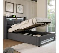 EURHCIO Lit Une Place 90x200cm avec Espace de Rangement Hydraulique et Lampe LED,Lit Coffre Adulte Capitonné avec Port USB et Sommier à Lattes,Tissu de Lin,sans Matelas (Gris, 90x200)