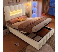 EURHCIO Lit Une Place 90x200cm,Lit Coffre avec Eclairage LED,Tête Réglable,Rangement Hydraulique,Velours,pour Enfants Adolescents (Beige)