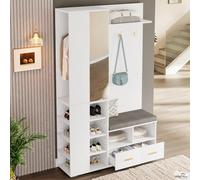 EURHCIO Meuble D'entrée 35x120x190cm,Meuble Chaussure,Armoire Chambre avec Miroir,Bnac,Rangement Chaussure Réglable,Tringle à Vêtements,2 Tiroirs,étagères Ouvertes,pour Vestiaire(J-Blanc)