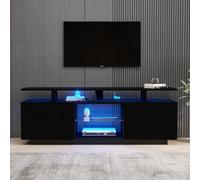 EURHCIO Meuble TV 140x35x55cm,Meuble Tele,Meubles Rangement Bas avec Éclairage LED Réglable,Étagères Réglables,Étagère en Verre,pour Téléviseurs de Moins 60 Pouces(M-Noir)