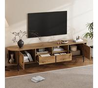 EURHCIO Meuble TV Ovale 200x40x49.5cm,Meuble Tele,Meuble Bas Rangement avec 2 Portes Coulissantes,2 Tiroirs,2 Armoires,Décor en Rotin,Pieds en Métal,pour Salon(E-Naturel, A)
