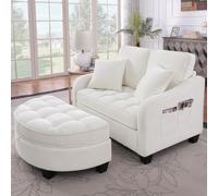 EURHCIO Petit Canapé Salon avec Pouf de Rangement,Canapé Lit 1 Place Convertible avec 2 Coussins,Tissu de Lin,pour Salon,Bureau et Chambre (Beige)