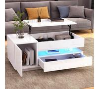 EURHCIO Table Basse Relevable 95x50x40cm,Table D'appoint,Meuble Bas Rangement avec Lampe LED Réglable,Grand Tiroir,Étagère Ouverte,pour Bout de Canape,Bureau,Salon (Blanc.)