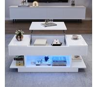 EURHCIO Table Basse Relevable Salon 45x98x40cm,Table D'appoint Brillante avec Plateau Réglable,Lampe LED Réglable,Étagères Ouvertes,2 Armoires,Rangement Dissimulé,pour Salon(K-Blanc)