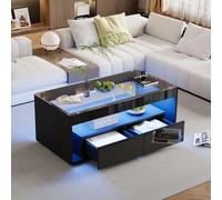 EURHCIO Table Basse Salon Blanche 50x100x40cm,Table D'appoint Brillante,Meuble Bas Rangement avec Lampe LED Réglable,2 Grands Tiroirs,Plateau en Verre,pour Bureaux Appartements (A, Noir)