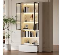 EURHCIO Vitrine 80x34x180cm,Buffet Salon Hauts,Meuble de Rangement,Meuble Cuisine avec éclairage LED Réglable,Tiroir,5 Étagères,pour Salon Bureau (Blanc)