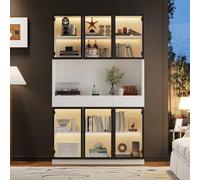 EURHCIO Vitrine Verre 120x36x200cm,Bibliothèque,Meuble de Rangement,Buffet Salle a Manger avec Éclairage LED Réglable,3 Tiroirs,4 Armoires,6 Portes Vitrées,pour Salon Bureau (1, Blanc 3)