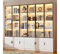 EURHCIO Vitrine Verre 240x32x200cm,Bibliothèque,Meuble de Rangement,Buffet Salle a Manger avec Éclairage LED Réglable,16 Étagères,4 Armoires,6 Portes Vitrées,pour Salon Bureau (2)