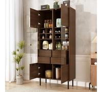 EURHCIO Vitrine Verre 75.5X35X164.5cm,Buffet Cuisine Haut,Meuble Salle de Bain avec 4 Tiroirs,14 Compartiments de Rangement,Portes Vitrées,pour Salon Bureau (Noyer)