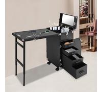 EurHomePlus Valise de Maquillage et Coiffure Professionnelle - Mallette Pliable et Roulante avec Table, 4 Tiroirs Verrouillables et Miroir (Noir)