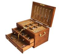 EURIELK Boîte à bijoux en bois avec serrure et clé pour femme, 2 tiroirs, de taille moyenne, en bois naturel véritable, boîte de rangement antique, verrouillable, avec grand espace de rangement,