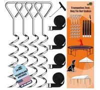 Eurmax USA Lot de 4 piquets de Trampoline Robustes en Forme de Tire-Bouchon en Acier avec Crochet en T pour Trampolines - Lot de 4 en Bonus avec 4 Ceintures Solides, Argent