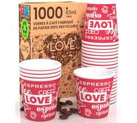 Eurocali 1000 Gobelets en Papier pour Café 65ml LoveRedCUP - Gobelets Écologiques Biodégradables Jetables Petits pour Emporter - Boissons Chaudes