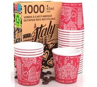 Eurocali Lot de 1000 verres en papier pour café 65 ml Italie Red Verres écologiques biodégradables jetables petits emporte-pièces