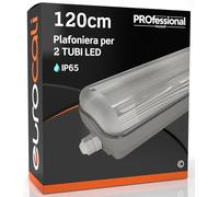 Eurocali Plafonnier 120 cm de 2 tubes LED (non inclus) étanche IP65 en ABS/PC avec couvercle transparent, couleur grise, remplacement néon
