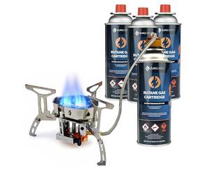 Eurocatch Foldable Gas Burner Turbo 6800W - incl. 4 cartouches de gaz - Réchaud à Gaz Pliable avec Adaptateur et Mallette