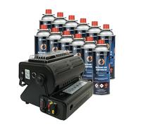 Eurocatch Radiateur soufflant & réchaud à gaz - incl. 12 cartouches de gaz - Cuisinière à gaz - Chauffage - Réchaud de camping - Chauffage de terrasse - Brûleur - Plaque vitrocéramique