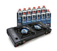 Eurocatch Réchaud à Gaz 2 foyers - incl. 12 Cartouches de gaz Butane