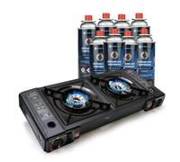 Eurocatch Réchaud à Gaz 2 foyers - incl. 8 Cartouches de gaz Butane