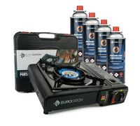 Eurocatch Réchaud à gaz - incl. 4 cartouches de gaz - Réchaud de camping - Brûleur à gaz - Cuisinière à gaz - Plaque de cuisson - Cuisinière - Mallette de transport - gris foncé.