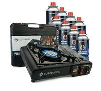 Eurocatch Réchaud à gaz - incl. 8 cartouches de gaz - Réchaud de camping - Brûleur à gaz - Cuisinière à gaz - Plaque de cuisson à gaz - Cuisinière - Mallette de transport
