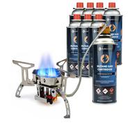 Eurocatch Réchaud à Gaz Pliable Turbo 6800W - Avec 8 Cartouches de Gaz - Réchaud de Camping Portable avec Connecteur