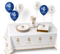 Eurofiestas - Kit d'anniversaire complet du Real Madrid 35 pièces - Décoration de fête Madridiste avec nappe, assiettes en carton, gobelets en carton, serviettes et ballons | Anniversaire football