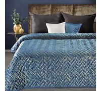 Eurofirany - Jeté de lit élégant - Couverture de canapé - Couverture douce en velours brillant - Bleu foncé et doré - 170 x 210 cm