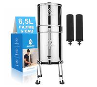 EuroGuard® Premium - Filtre à Eau par Gravité 8,5 Litres en Acier Inoxydable 304, avec Support et Robinet Transparent, Argent Brillant