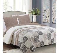 Euromat Couvre-Lit Quilt Matelassé avec 2 taies d'oreiller 40x40 cm- (Beige Gris Ecru - Antea, 220x240 cm)
