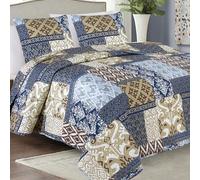 Euromat Couvre-Lit Quilt Matelassé avec 2 taies d'oreiller 40x40 cm- (Bleu Beige Marron- SY-6750, 180x220 cm)