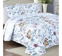 Euromat Couvre-Lit Quilt Matelassé avec 2 taies d'oreiller 40x40 cm- (Bleu Blanc Fleurs- SY-5632, 220x240 cm)
