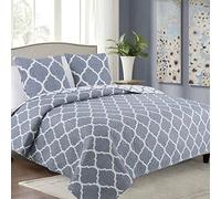 Euromat Couvre-Lit Quilt Matelassé avec 2 taies d'oreiller 40x40 cm- (Gris Blanc - Marocain Méridien, 220x240 cm)