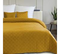 Euromat Couvre-Lit Quilt Matelassé avec 2 taies d'oreiller 40x40 cm- (Jaune Moutarde- Velours Amarante, 220x240 cm)