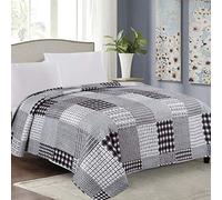 Euromat Couvre-lit Réversible 220x240 cm (sans taies d'oreiller) - Jeté de Lit Double Face Doux et Léger, Style Moderne pour Lit Double ou Queen (Tavira - Noir Blanc Gris (J-017))