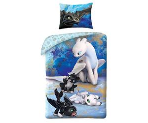 Euromat Dragons Parure de lit FURIE Eclair et Nocturne Housse De Couette How to Train Your Dragon HTTD-6050BL Bleu Blanc Noir 140x200cm +Taie d'oreiller 70x90cm Oeko Tex