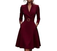 Europe et États-Unis Couleur unie Taille Col V Swing Manches Longues Automne et Hiver Robe Vêtements pour Femmes, #2, S