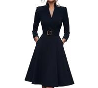 Europe et États-Unis Couleur unie Taille Col V Swing Manches Longues Automne et Hiver Robe Vêtements pour Femmes, 3#, S