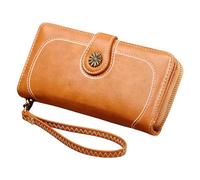 Europe les États-Unis Portefeuille rétro à fermeture éclair pour femme, ciré huilé, poche pour téléphone portable, version coréenne de la longue pochette, portefeuille homme grand avec 16