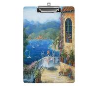 Europe Méditerranée Italie Côte Montagnes Falaises Bateaux Fleurs Paysage marin Mer bleue Bloc-notes acrylique Format lettre Pince métallique Tableau d'écriture robuste Porte-documents en plastique r