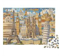 European Landmarks 1000 Pièces Puzzles Recycled Impressionist Style Puzzle pour Personnes Âgées Accessoires de Jeu de Puzzle for Family and Friends Birthdays Great Gift 52x38cm/1000pcs
