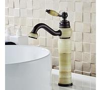 European Natural Jade countertop Basin Hot and Cold Water Faucet All Copper Black American Art Pot Marble Antique Faucet, Green Jade [Non-rotatable]