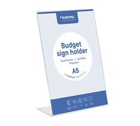 Europel Budget Présentoir de table, Base L, format A5 Portrait, Polystyrène limpide 1,5 mm, affichette, pour restaurants, hôtels, conférence, réception, Autoportant et Double face Transparent
