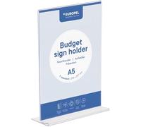 Europel Budget Présentoir de table, Base T, format A5 Portrait, Polystyrène limpide 1,5 mm, affichette, pour restaurants, hôtels, conférence, réception, Autoportant et Double face Transparent